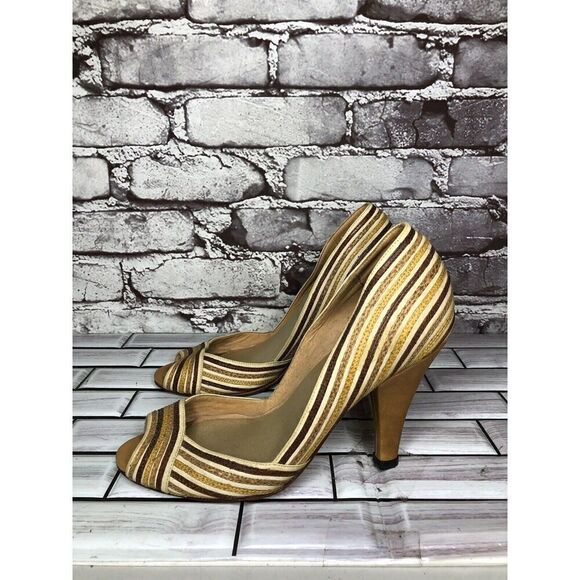 Marcello Toshi Gold Brown Stripe Fabric Peep Toe 5” High Heels Women Sz 6M US/37 - Picture 12 of 16